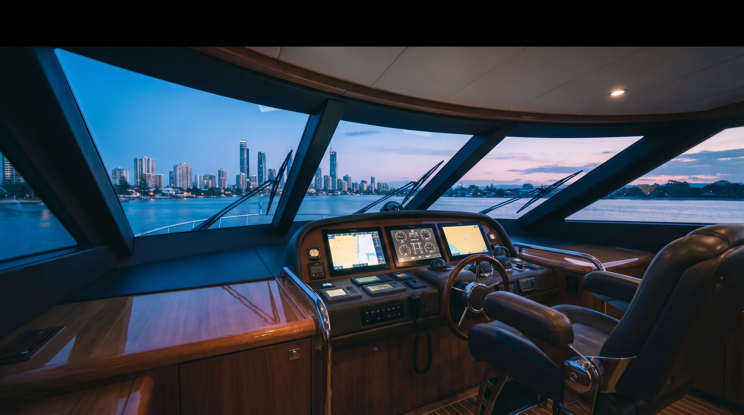 Yacht helm at twilight on the Gold Coast Broadwater