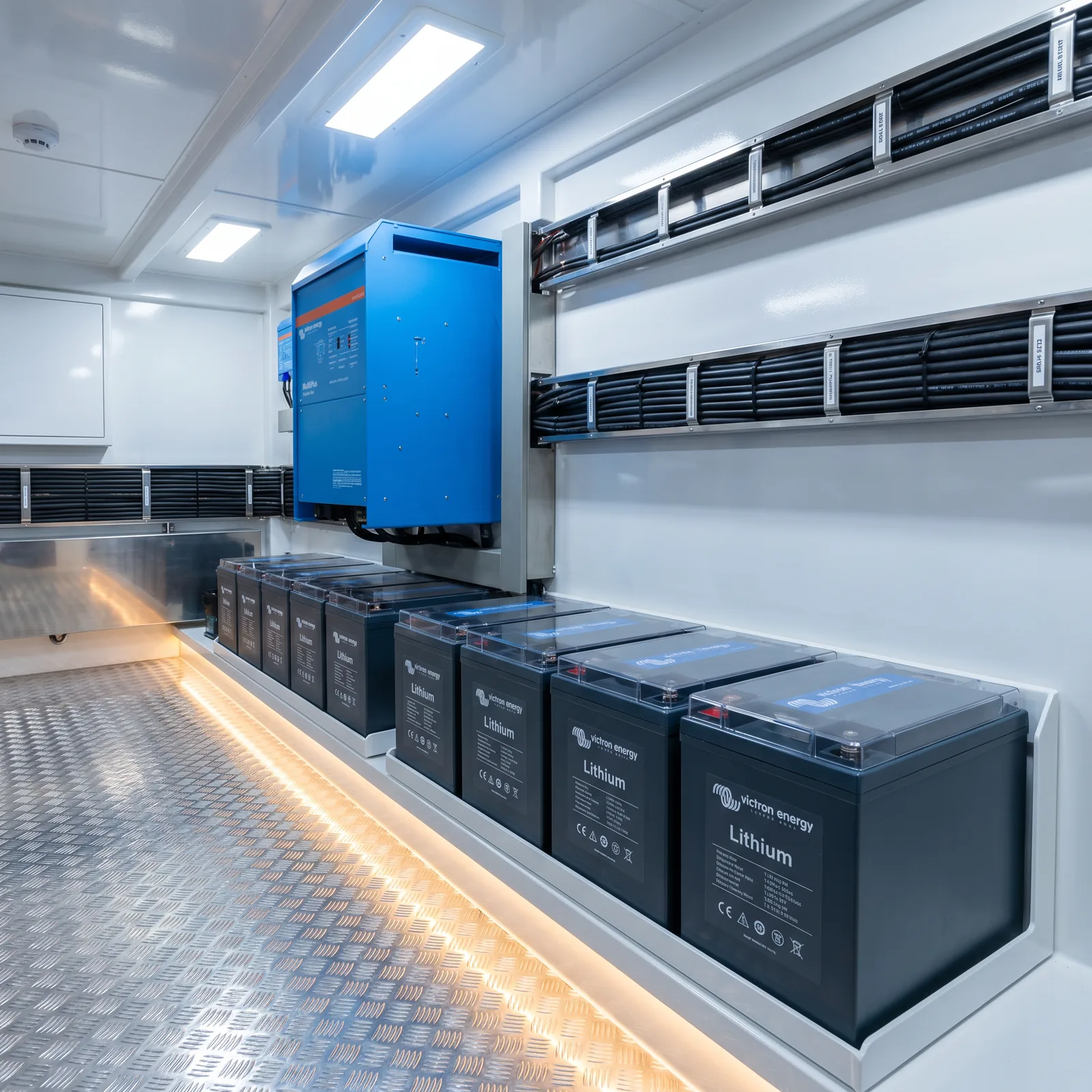 Lithium battery and inverter installation in a luxury yacht engine room