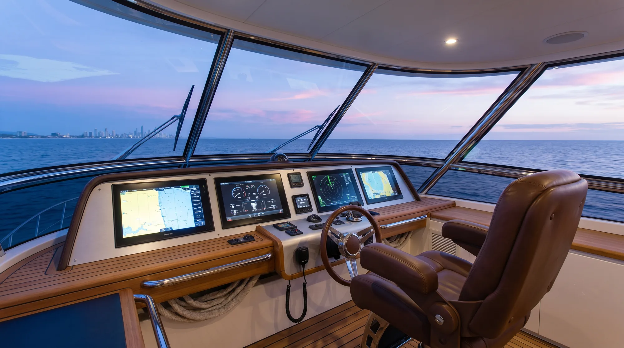 Yacht helm station at dusk overlooking the Gold Coast skyline