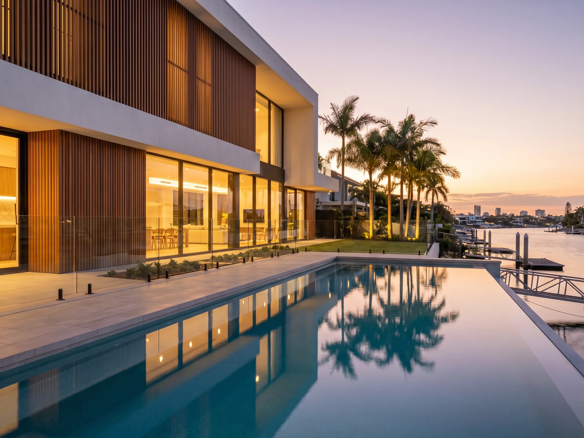 Modern Gold Coast waterfront home at dusk