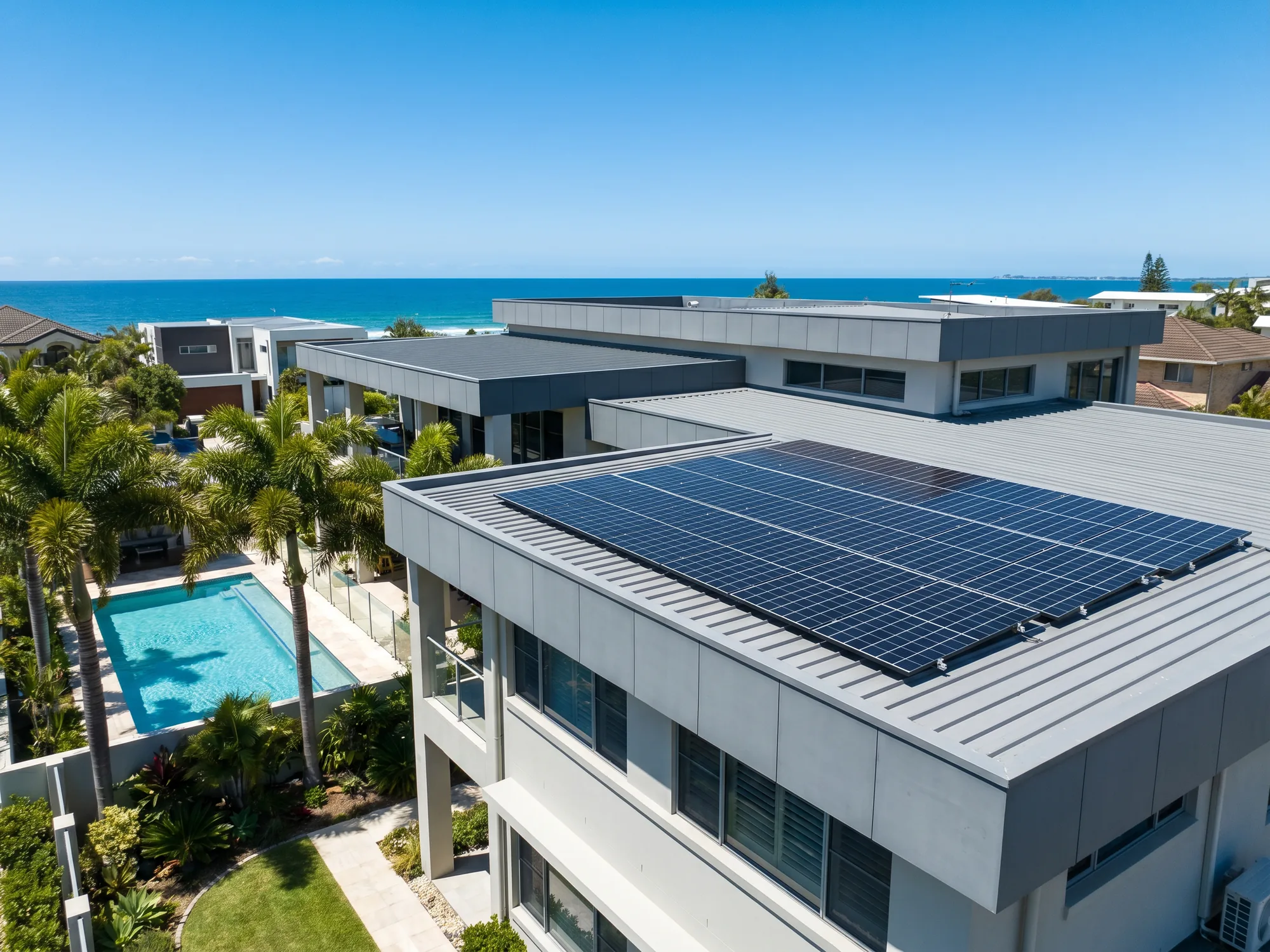 Aerial view of solar panels on a luxury home